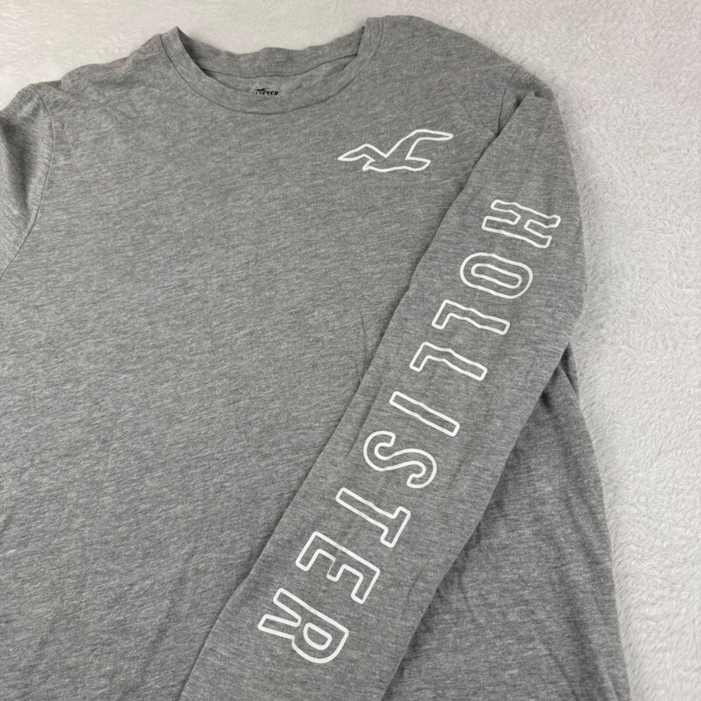 Hollister Long Sleeve Graphic Tee Mens Large Gray Seagull Logo Sleeve Print
